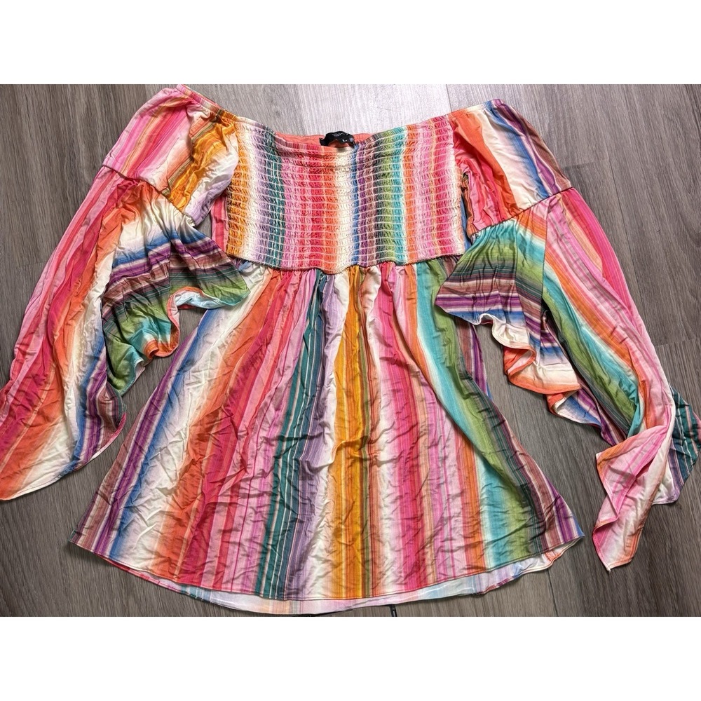 Sky Brand Smocked Flowy Top Boho Babydoll Fairy Size L Festival Striped Y2K